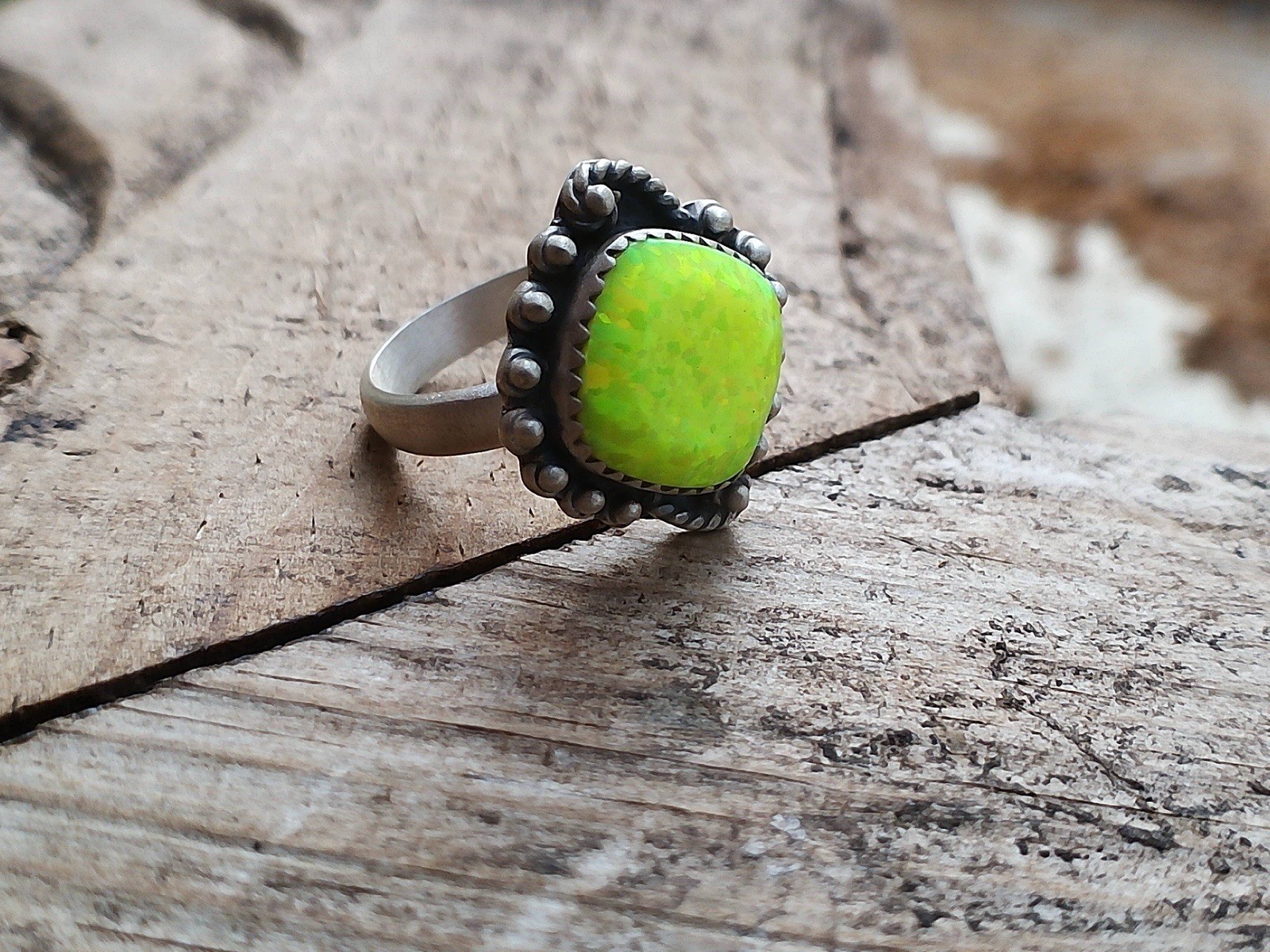 Green Opal Ring Sterling Silver 925 Neon Lime Statement Southwest Western Boho