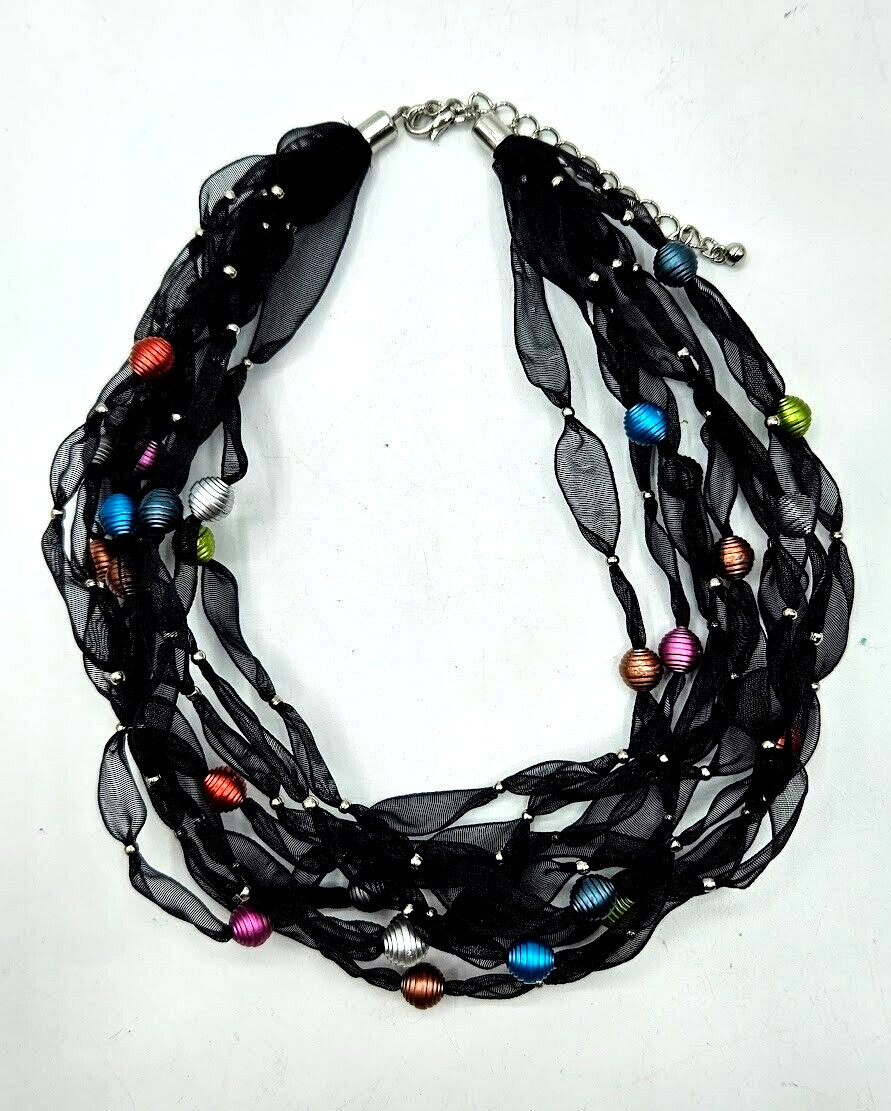 Black Laced Necklace 9 Strands SilverToned Dainty Beaded Cluster Multicolor 16″