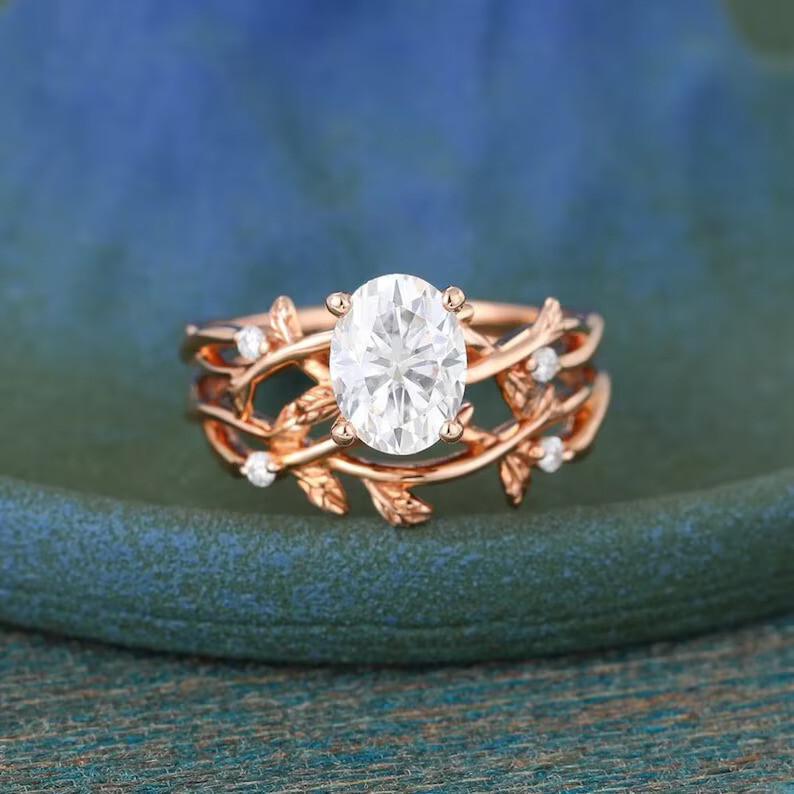 Floral 1.3Ct Oval Cut CZ-Stone Twig Wedding Bridal Ring & Band Set In 925 Silver