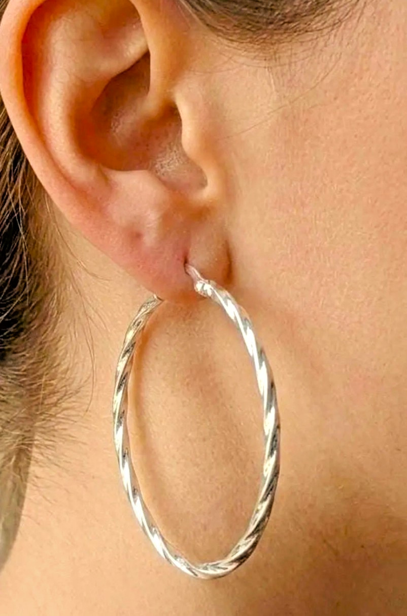 Italian 14k White Gold 2.25″ 57mm Large Twisted Round Hoop Spiral Earrings Shiny