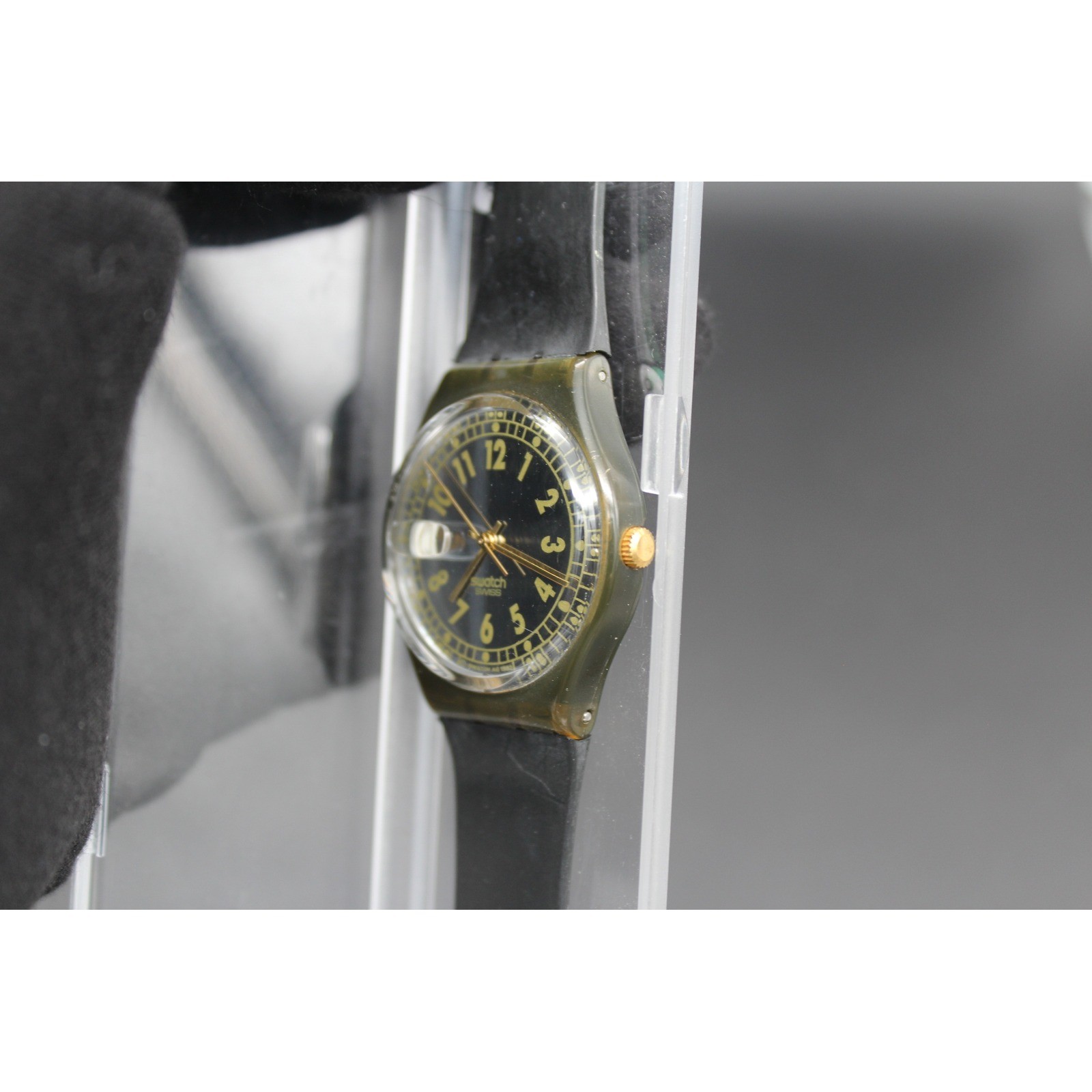 Vintage 1992 Swatch Gent Day-Date Black Gold Dial Olive Case Swiss Quartz Watch