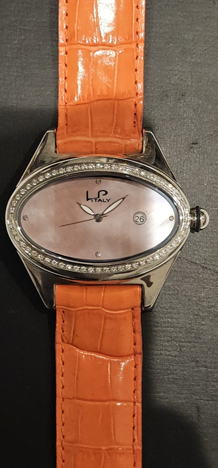 Lorenzo Pozzan ORANGE Diamond Bezel MOP Date Dial Oval Watch LP Italy 746-20-285