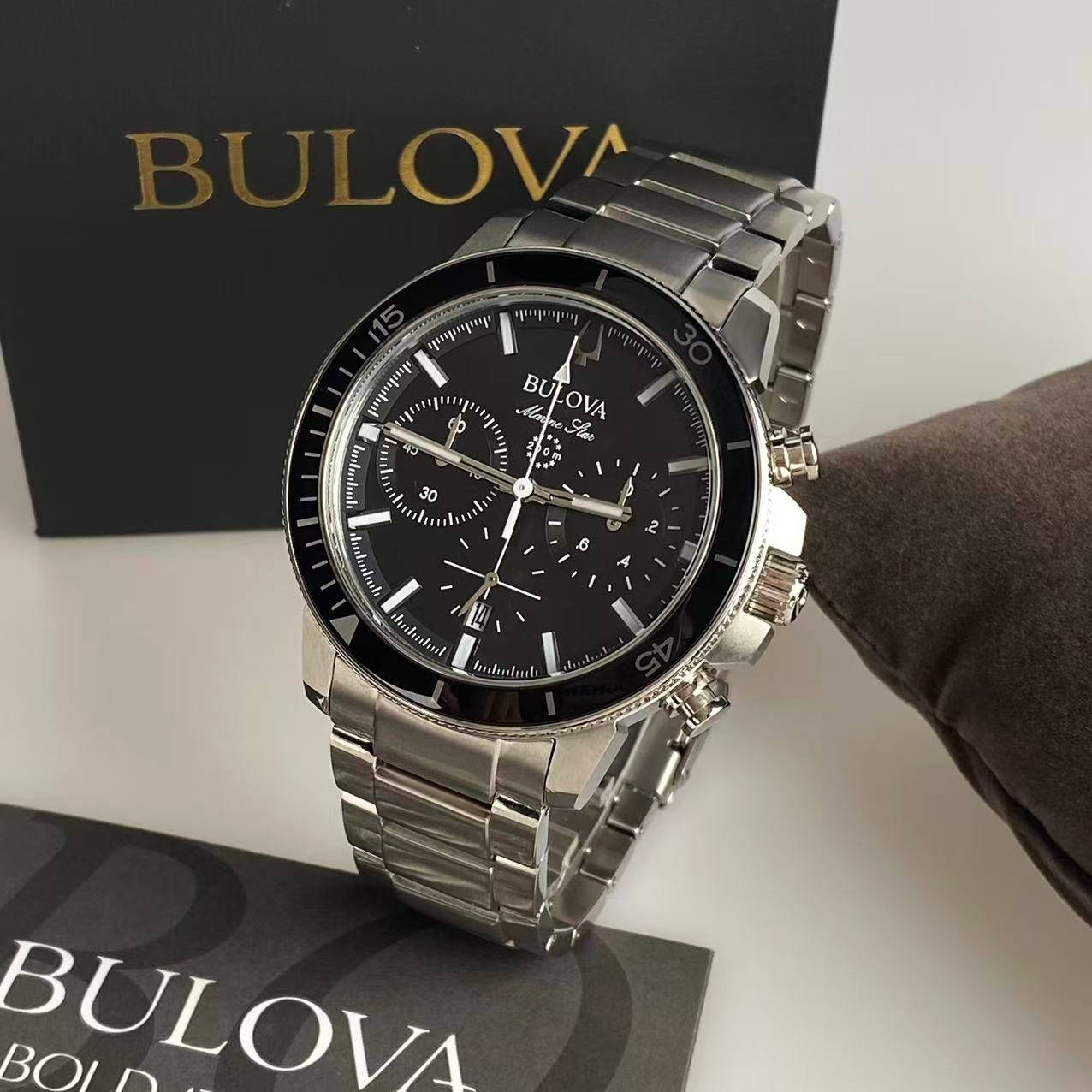 Bulova 96B272 Men’s Marine Star Quartz Watch Black Dial Stainless Steel 45mm