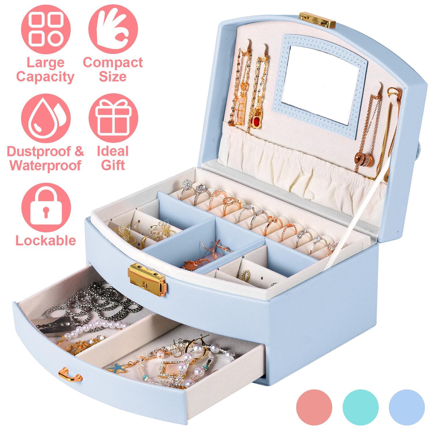 2-Layer Jewelry Box f/ Women Girls Lockable Lear Organizer Travel Case f/ Rings