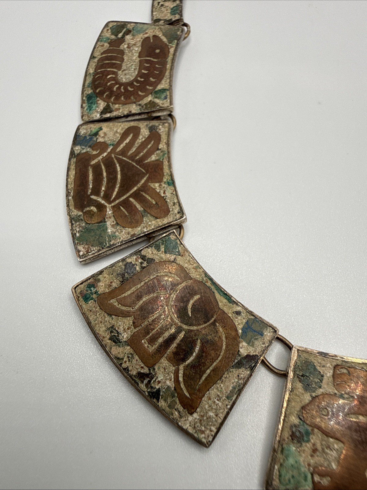VTG HECHO EN MEXICO 925 STERLING MIXED STONES AZTEC NECKLACE.56.8 GRAMS.SIGN DH?