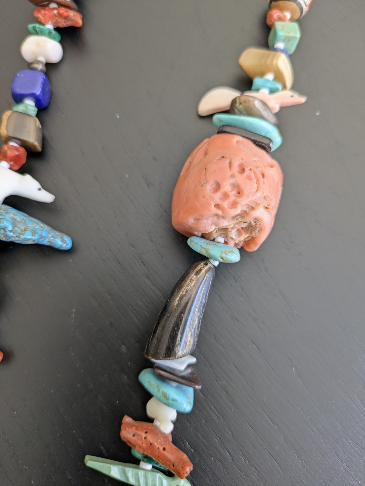 Native American 1970’s Treasure Necklace W/Large Turquoise Pendant & Fetishes
