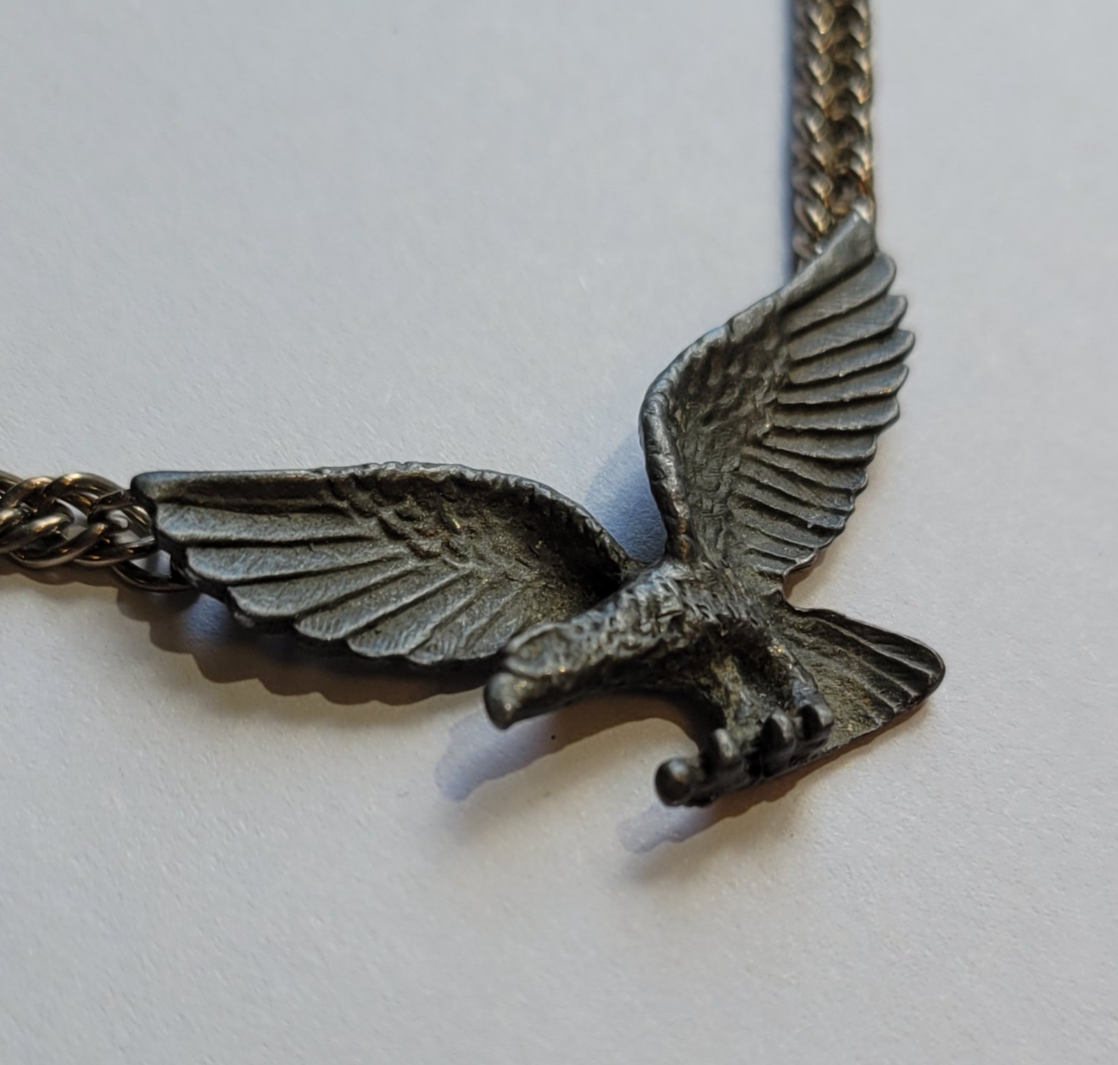 Pewter Flying Eagle Pendant 18in Chain Attached To Wing Tips Necklace Vintage
