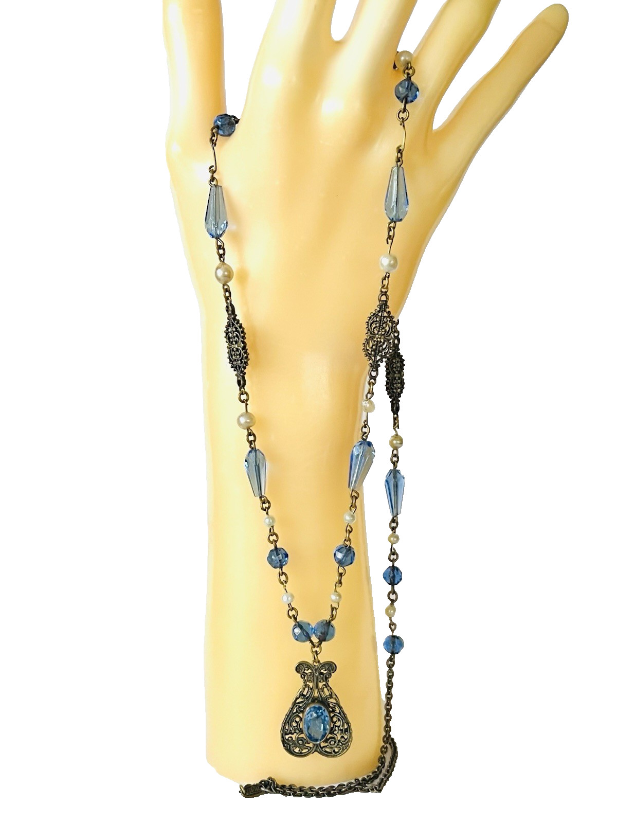 Rare Art Deco Signed BLISS NAPIER Blue Glass & Pearl Flapper Sautoir Necklace