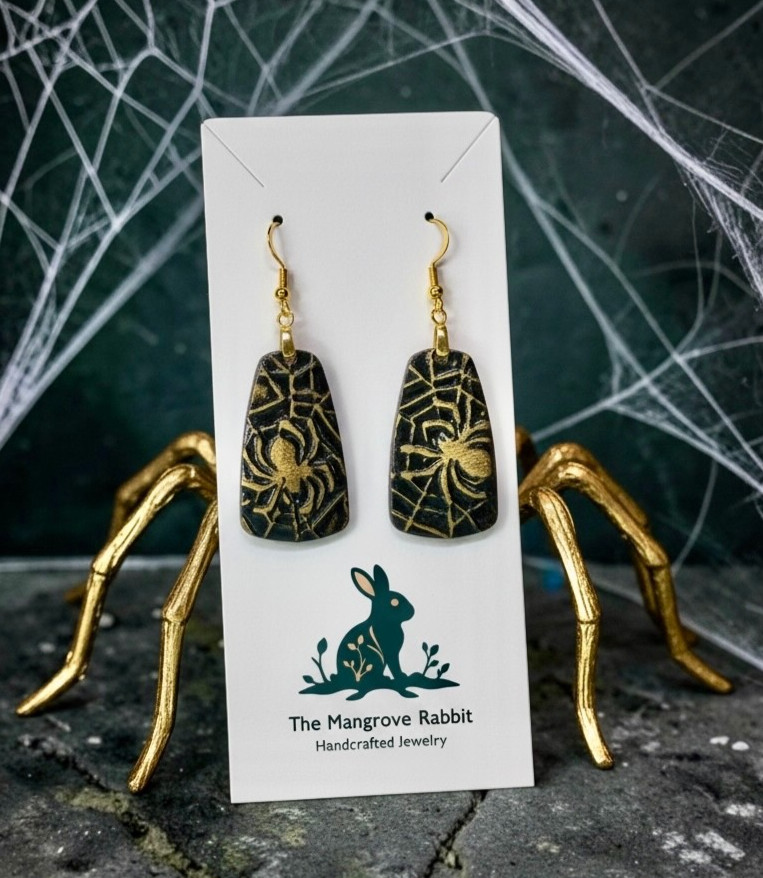 Vintage Look Gold & Black Spider Web Handmade Polymer Clay Dangle Earrings SS