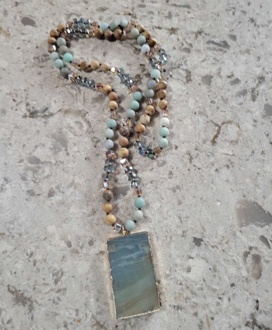 Amazonite & Jasper Beaded Natural Stone Necklace – Amazonite Pendant 18″ *NEW*