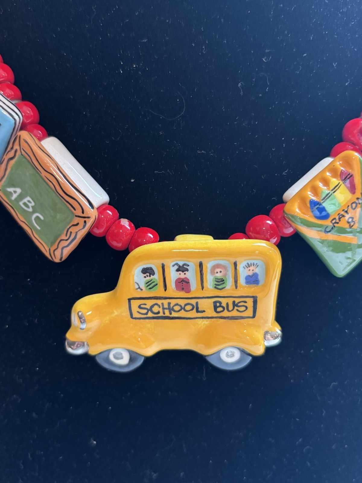 Vintage Flying Colors Ceramic School Bus Teacher Necklace Dick Jane 1980s