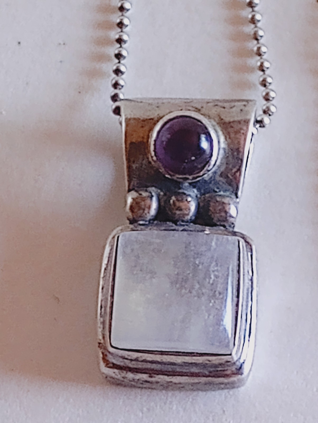 ESTATE STERLING SILVER MOONSTONE AMETHYST PENDANT STERLING CHAIN MS CO 925