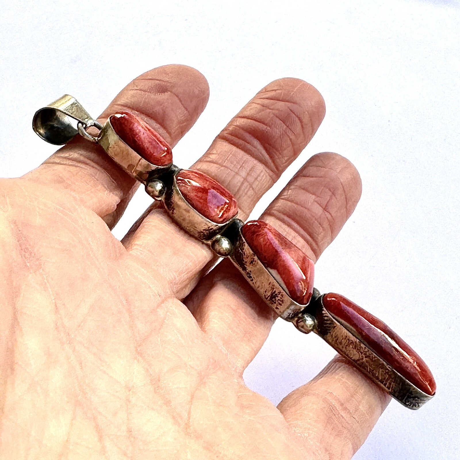Long Navajo Pendant Red Spiny Oyster 3.75in Sterling Signed Juanita Turquoise