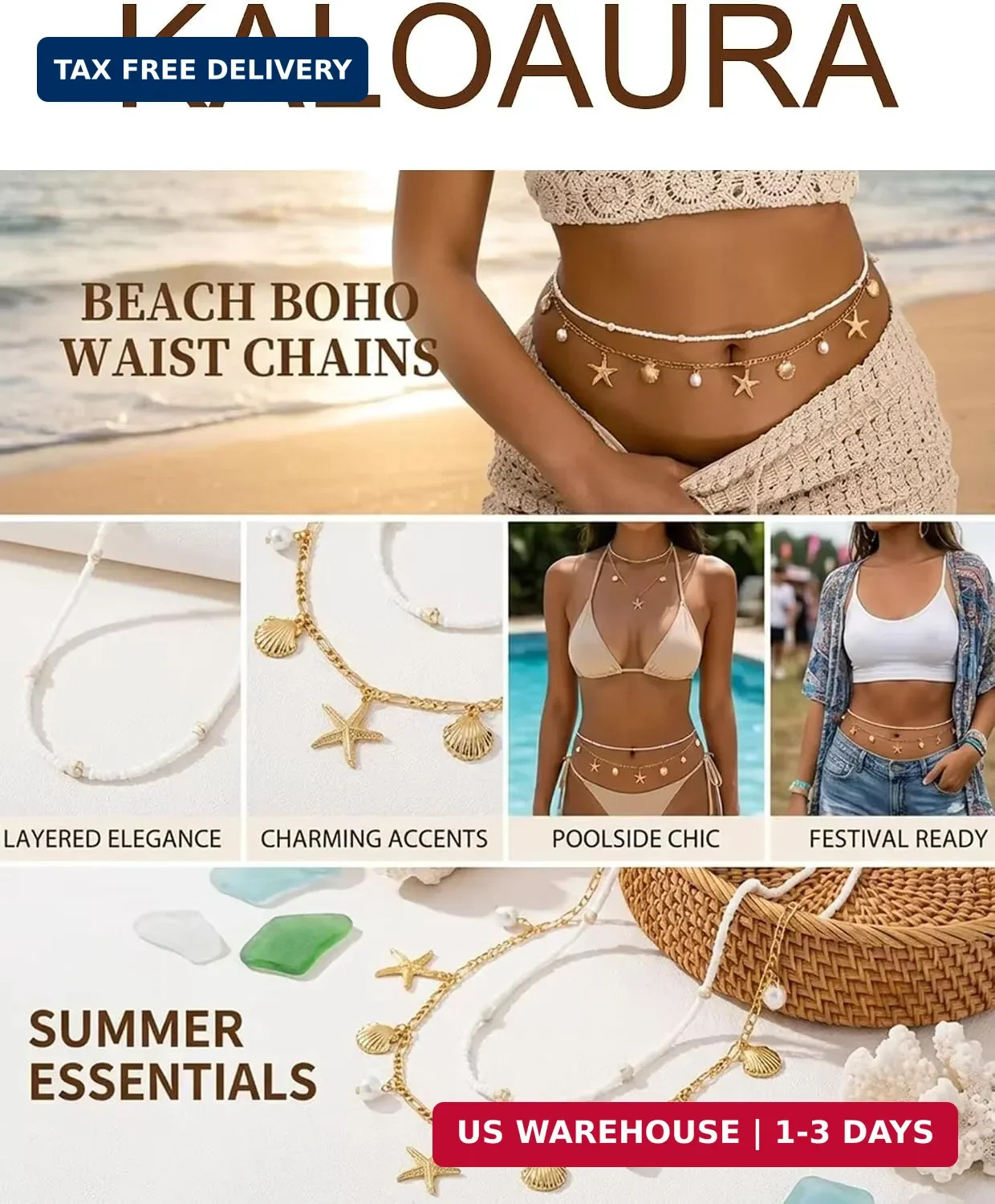 Gold Starfish Waist Chain for Women 2Pcs Adjustable Layered Belly Chain Bohemian