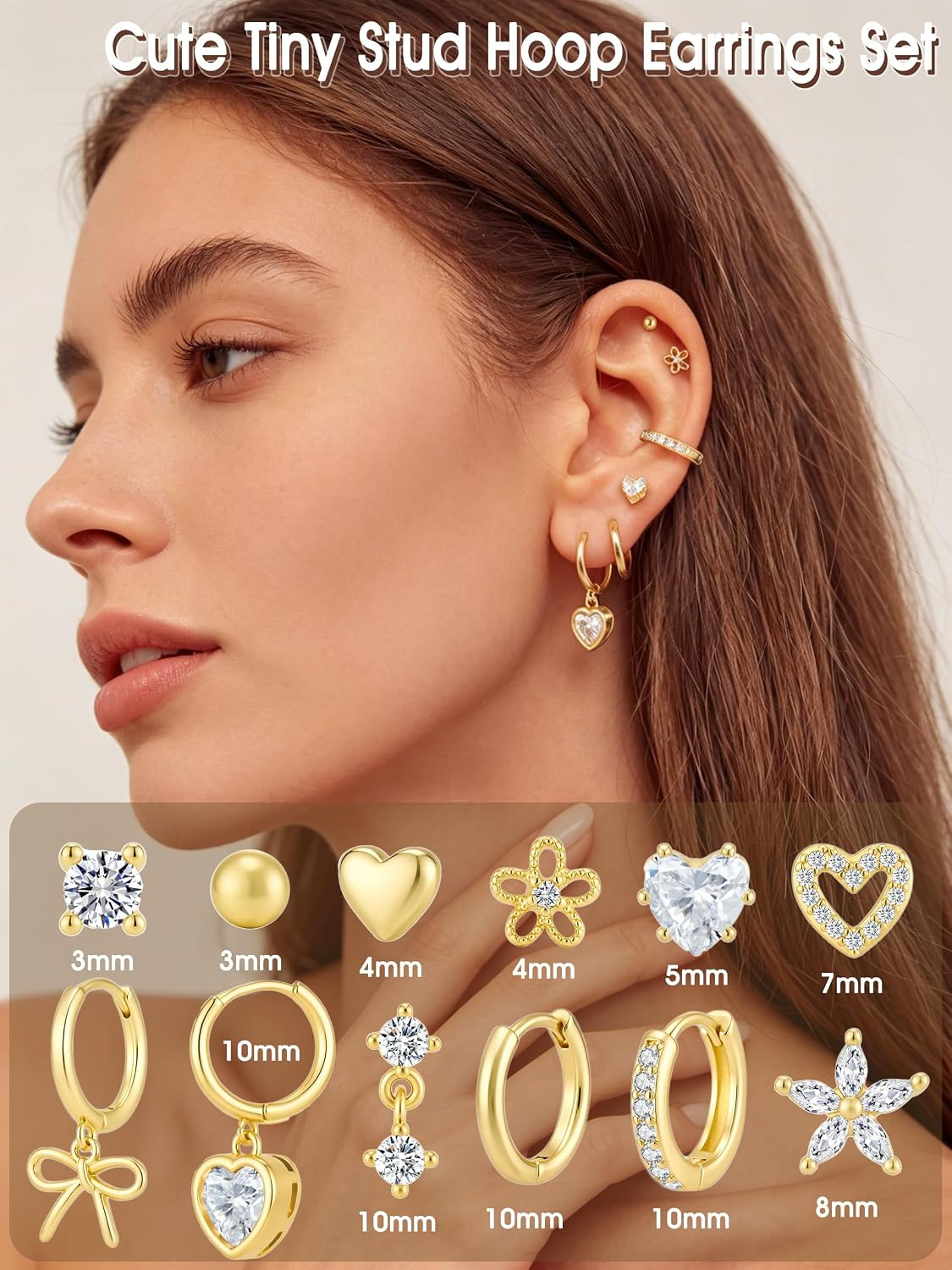12 Pairs Small Stud Hoop Earrings Set for Women – 14K Gold Plated Huggie Hoops H
