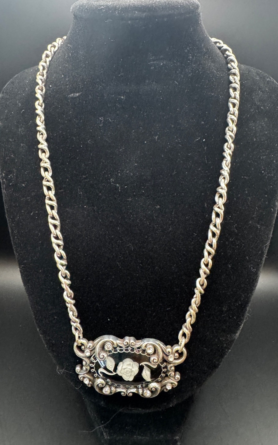Brighton Silver Tone Black Cameo Rose Rhinestone Statement Necklace Signed VTG (