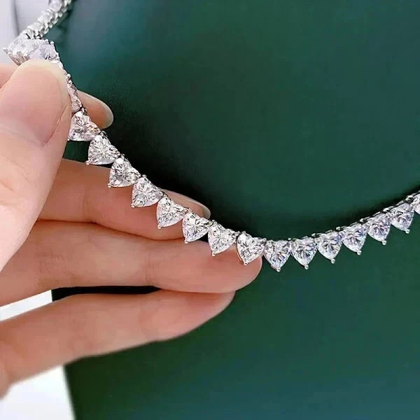 3mm Heart Cut Moissanite Women’s 18″ Tennis Necklace 14K White Gold Plated