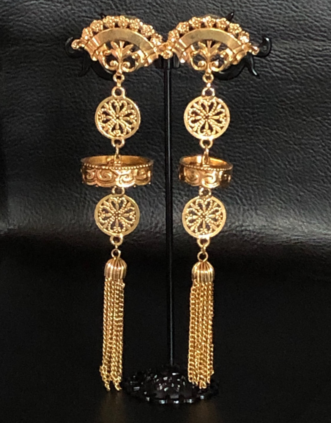 Vintage JJ Jonette Gold Earrings Fan Filigree Tassel Statement Artifacts 5″ 8429