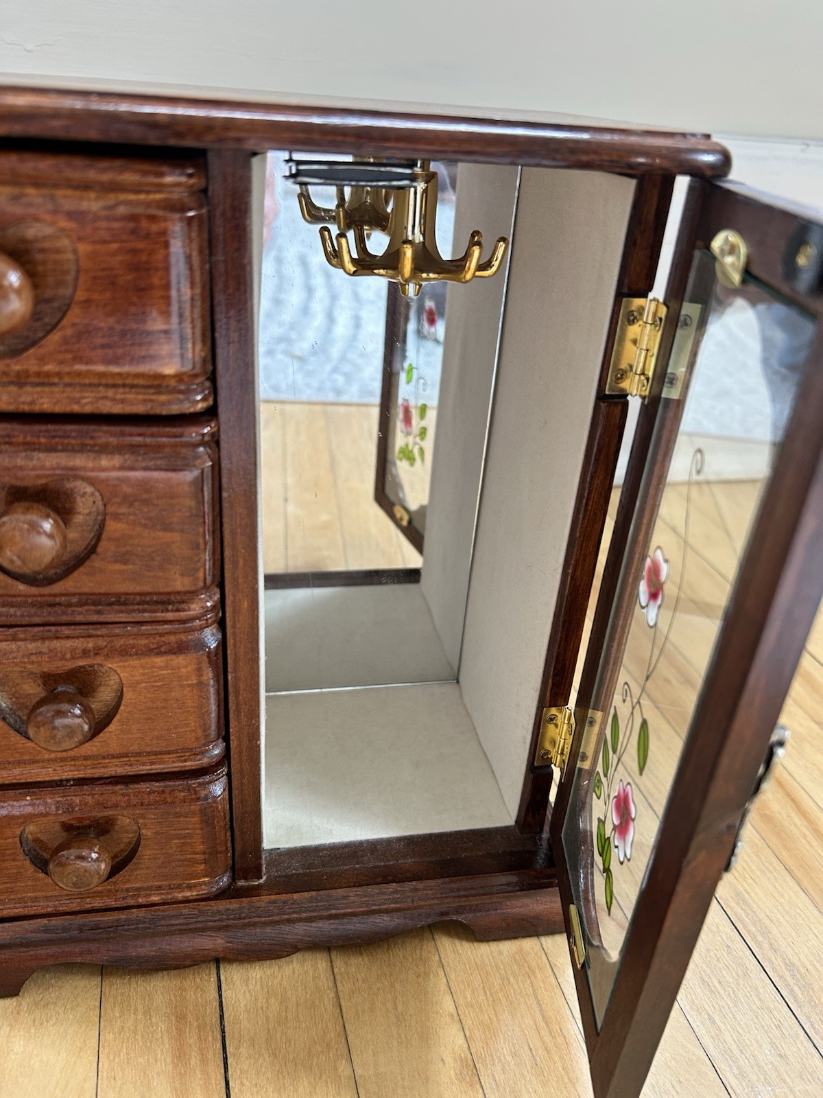 Vtg Wooden Jewelry Box Stained Floral Glass Door Mirrored With 5 Drawers
