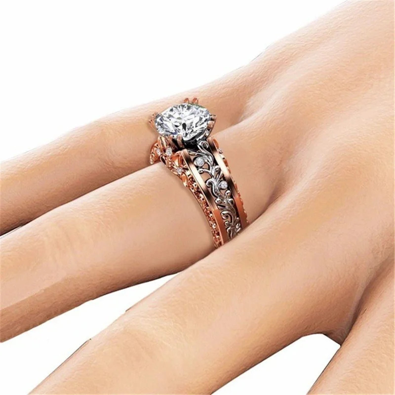 Rose Gold Tone Ring Zircon Stones Hollow Carved Band Engagement Women Jewelry