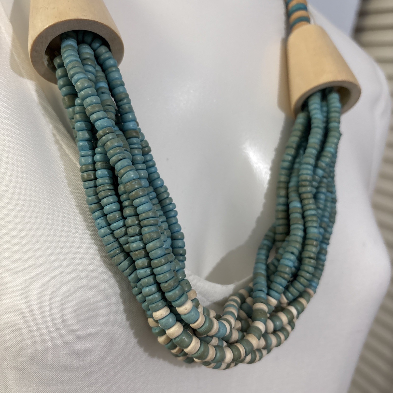 Vintage Exotic Boho Tribal Blue Beige Wood Beads Statement Necklace 26”