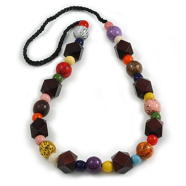 Multicoloured Ceramic/ Wooden Bead Cotton Cord Long Necklace – 82cm Long