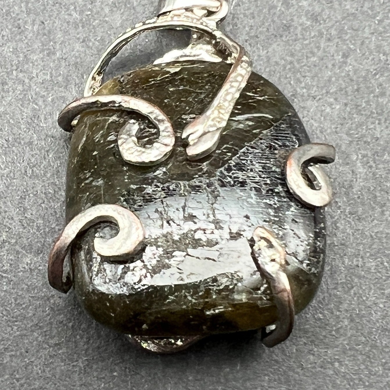 Handmade Metal Wrapped Stone Pendant Organic Artisan Dark Green Necklace