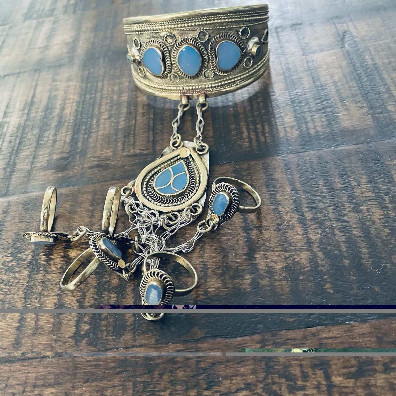 * Vintage Afghan Kuchi Lapis Lazuli Slave Bracelet 5 Finger Ring Panja Cuff 926