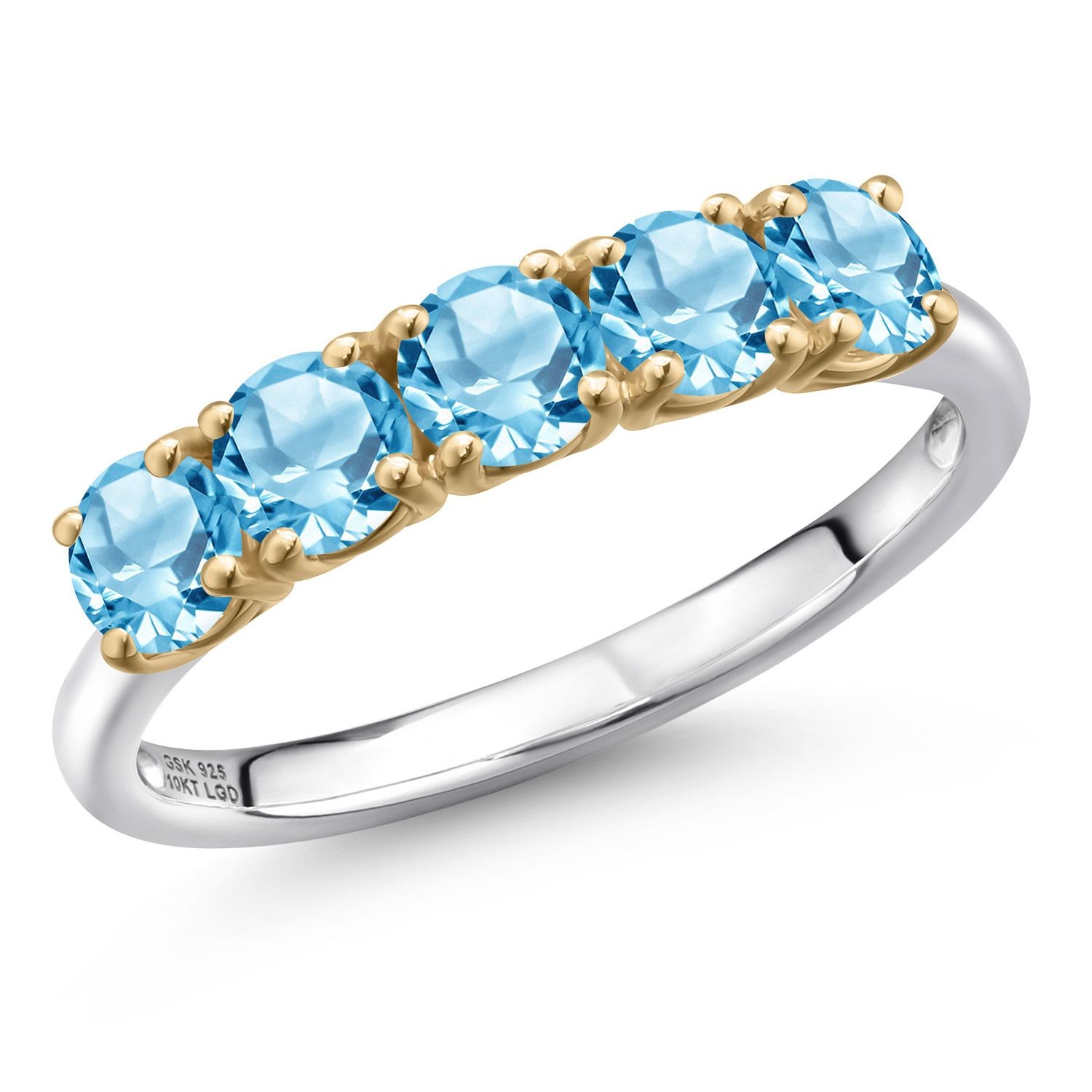 925 Silver and 10K Yellow Gold Swiss Blue Topaz Wedding-Bands Ring For Women |