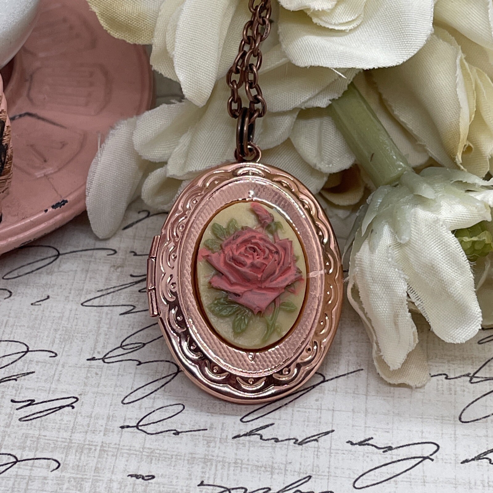 Dainty Rose Gold Locket Cameo Mauve Cream Wedding Jewelry Gift Birthday Necklace