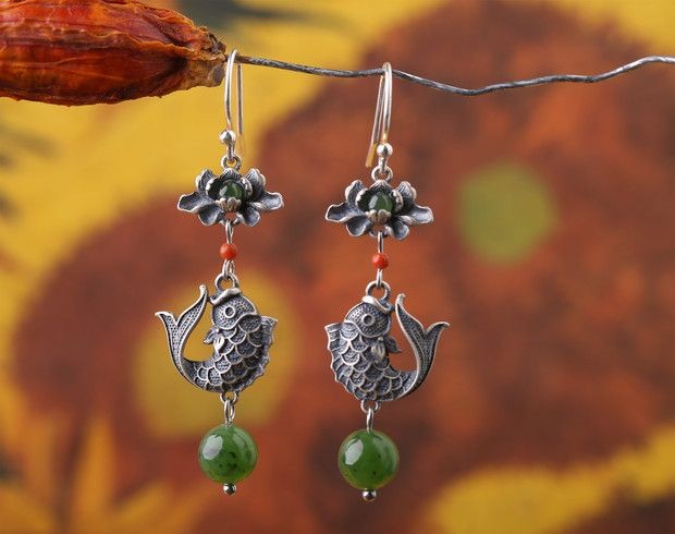 Koi Fish Lotus Earrings Chinese Style Silver-Plated Women’s Earrings