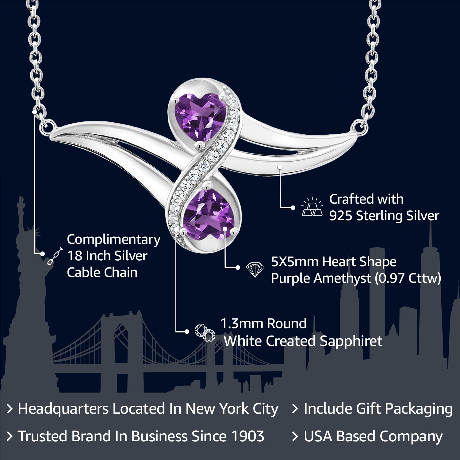 2 Heart Infinity Pendant Necklace for Women | 925 Sterling Silver | Gemstone