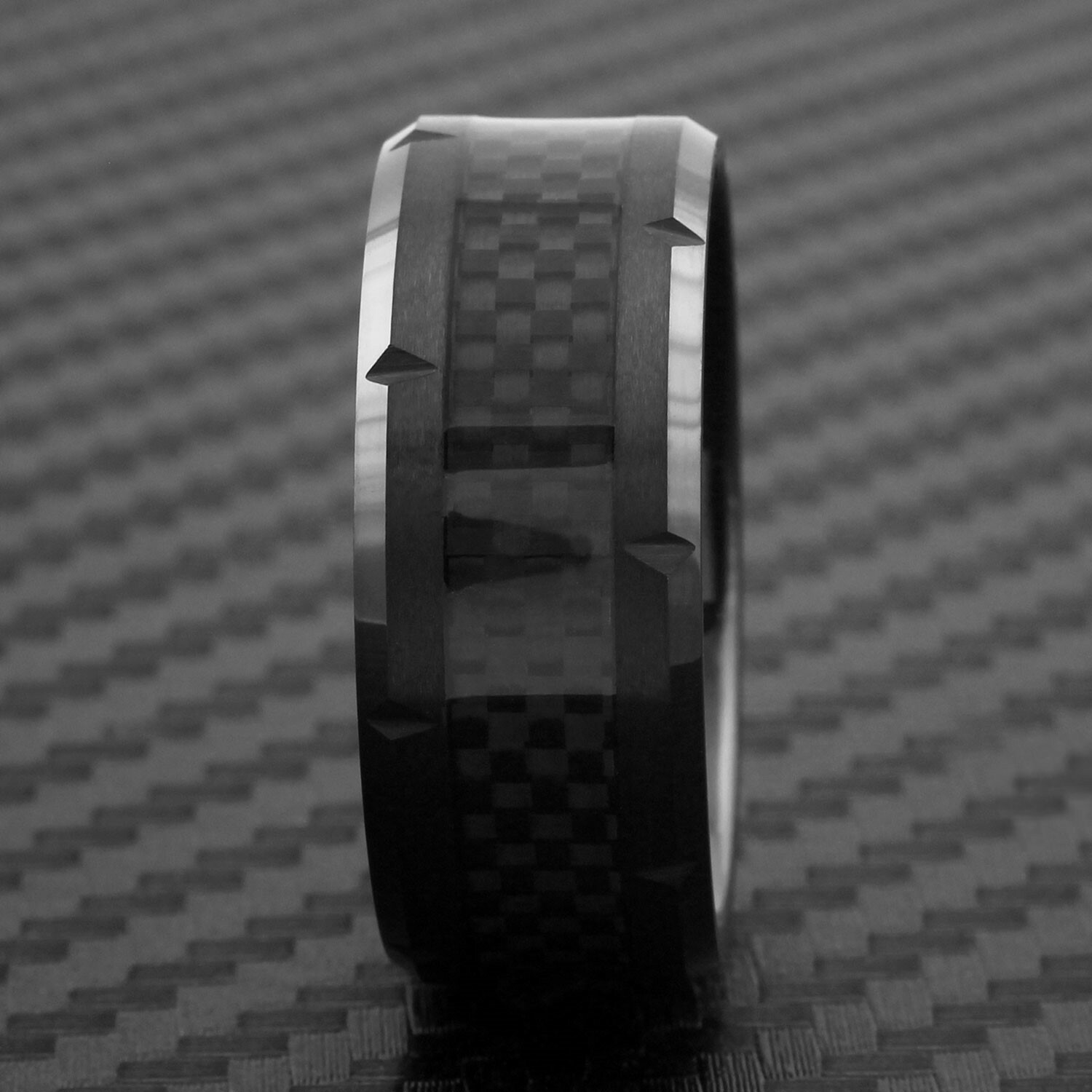 10mm Wide Men’s Black Tungsten Ring Black Carbon Fiber Grooved Edge Band