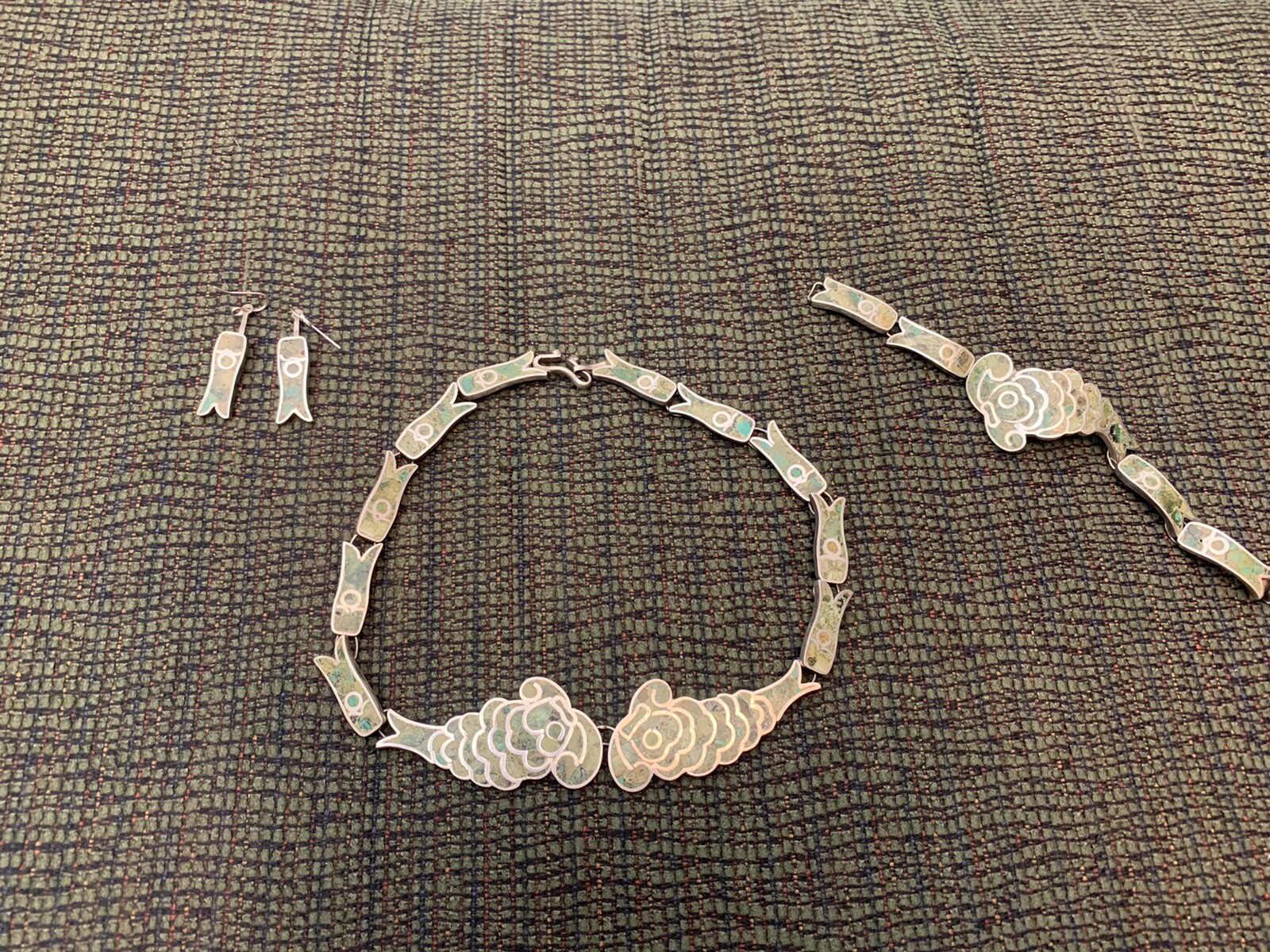 VTG Mayan Sterling Silver Jade Necklace, Bracelet Earrings Taxco Mexico 108g