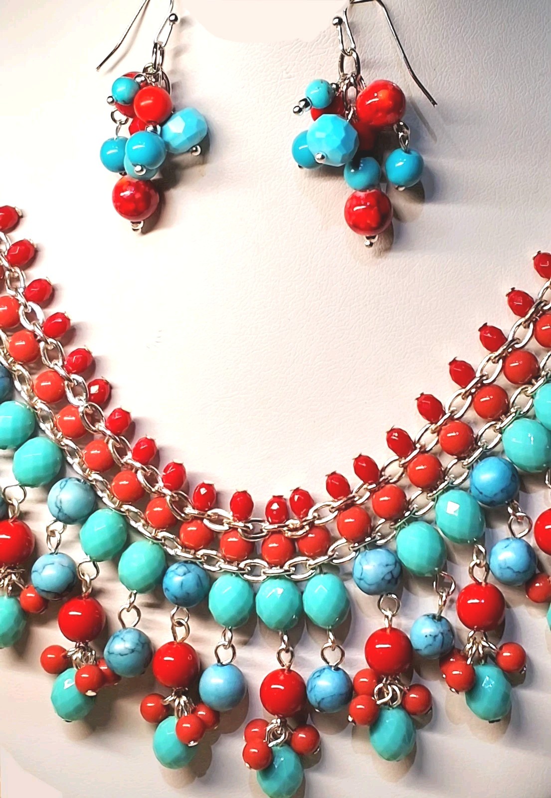 CHAP’S, Ralph Lauren Turquoise Red Silver 10″L Bib Necklace + 1.5″L Earrings Ap4