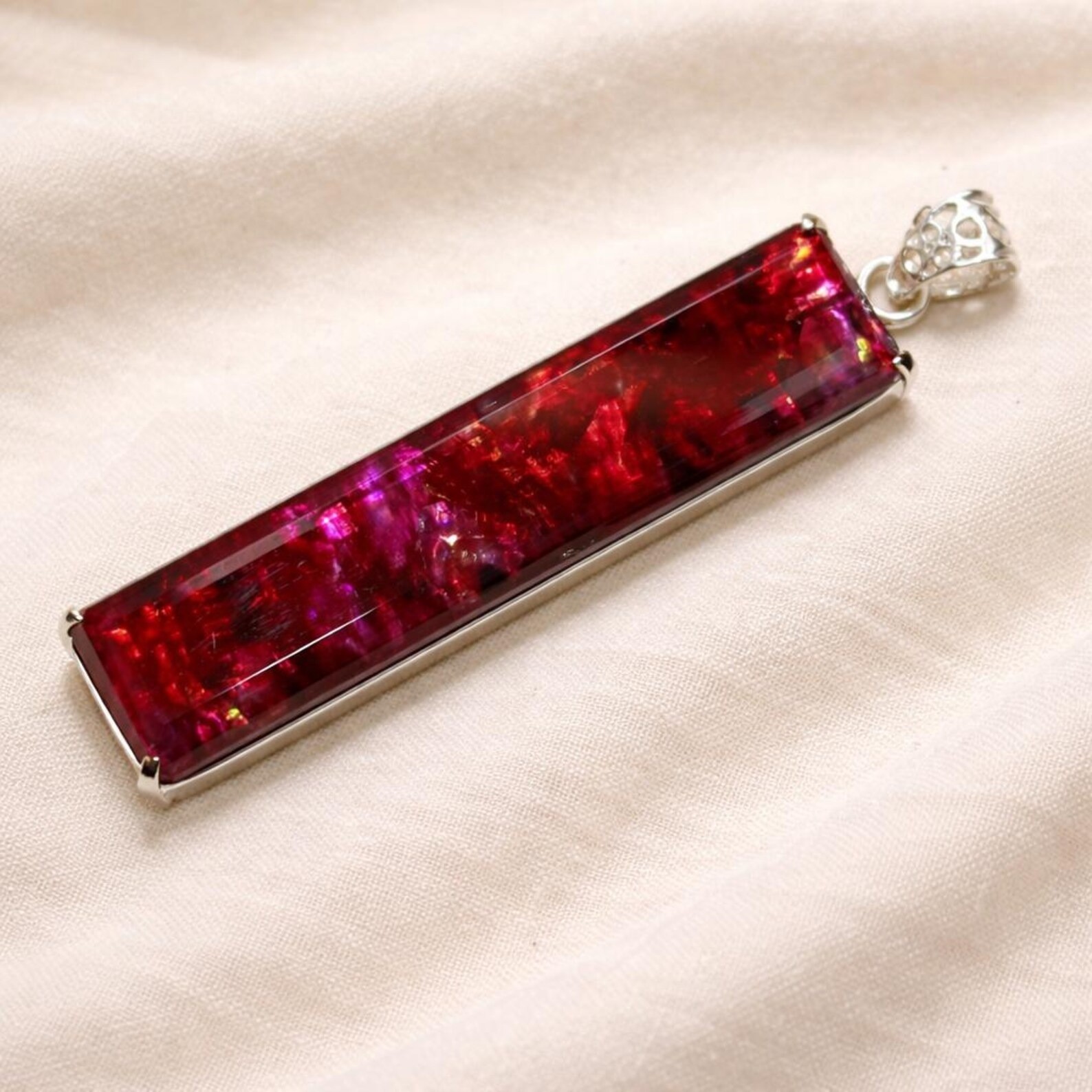 Certified 105 Ct Natural Ammolite 925 Silver Emerald Cut Pendant Loose Gemstone