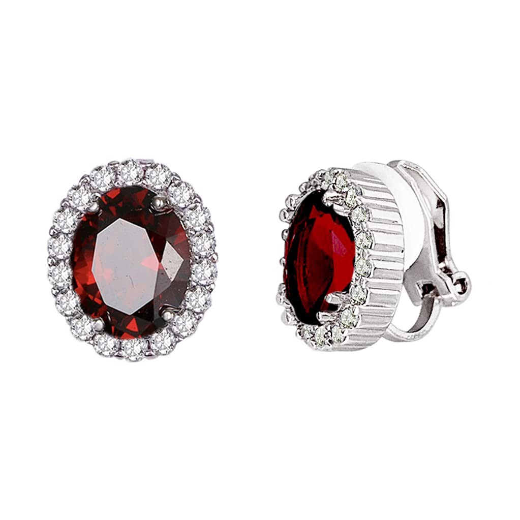 Red Zircon Oval Clip on Stud Earrings Non Pierced Stone Silver Tone