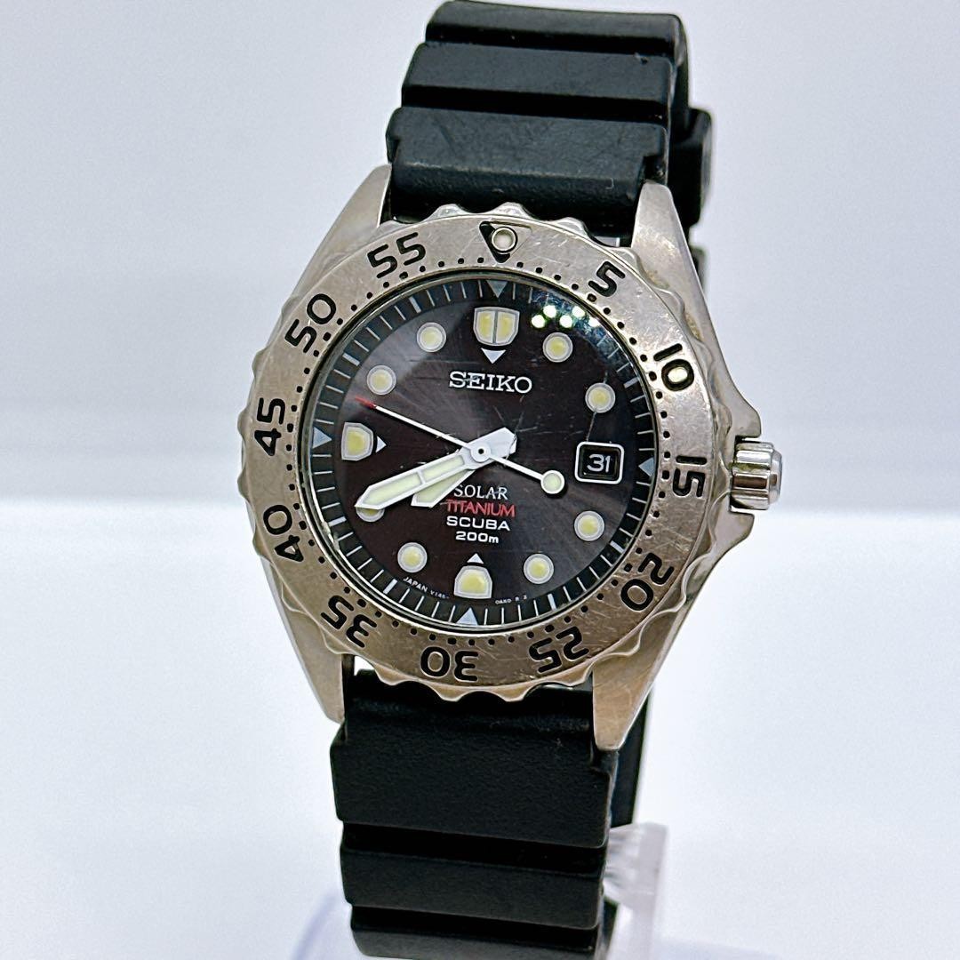 SEIKO V145-0AH0 Solar Scuba 200m Titanium Watch 19cm Working Used