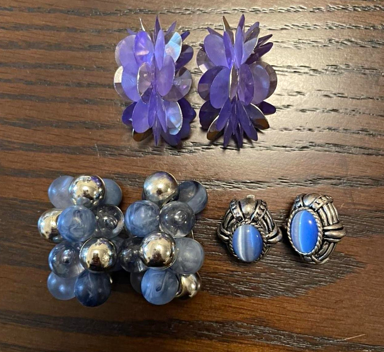 Vintage Women’s Clip-On Earrings Mixed Lot 3 Pairs Blue Silver Purple Metal