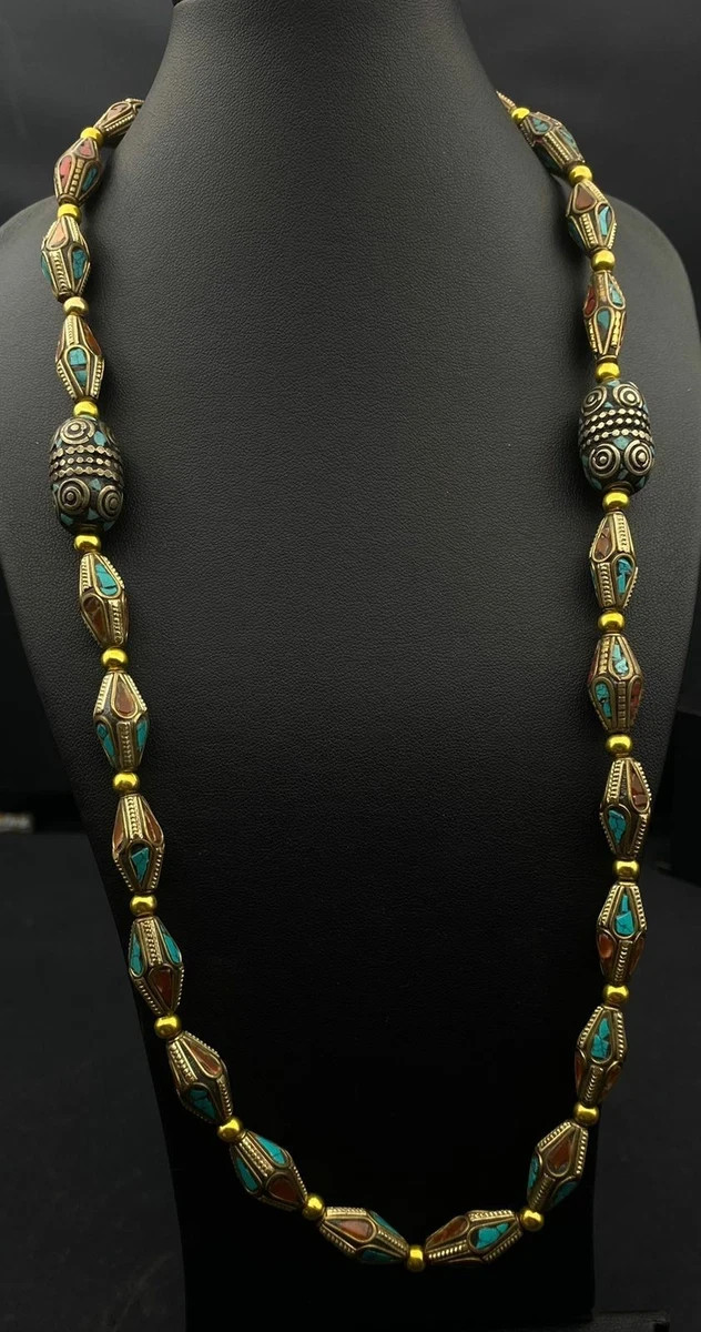 Vintage Tibetan Nepalese Turquoise Coral Inlay Beaded Necklace – Ethnic Brass