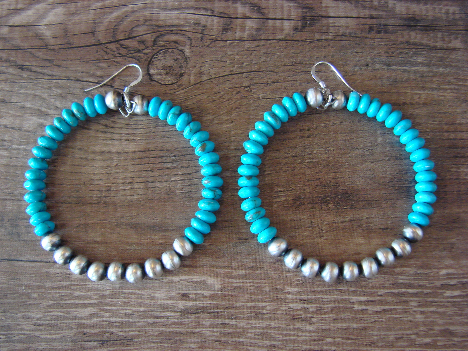 Native American Hand Beaded Turquoise Sterling Silver Desert Pearl Earrings