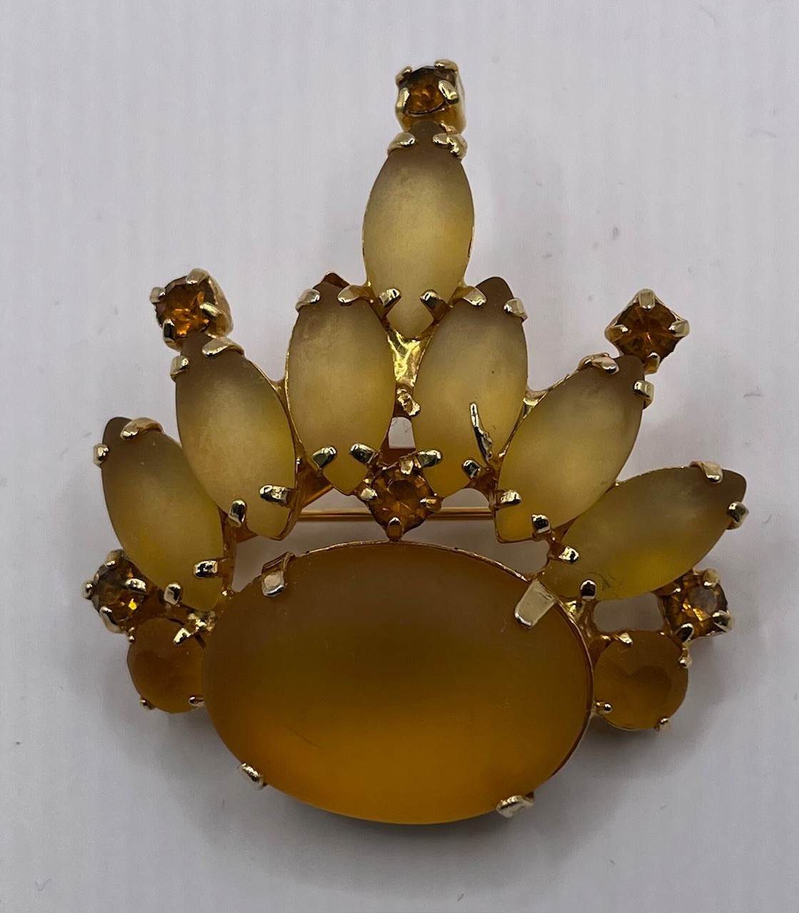 Vintage Topaz satin glass rhinestone Crown Brooch pin