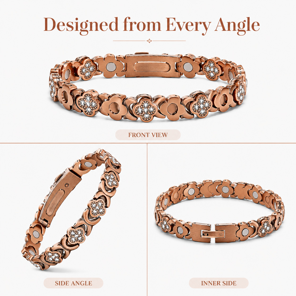 Women’s Copper Magnetic Bracelet Clover Crystal Adjustable Pain Relief Arthritis