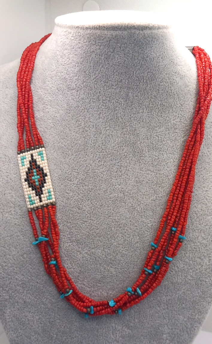 VINTAGE NATIVE AMERICAN LOOP BEADED NECKLACE CORAL GLASS SEADS TURQUOISE NUGGETS