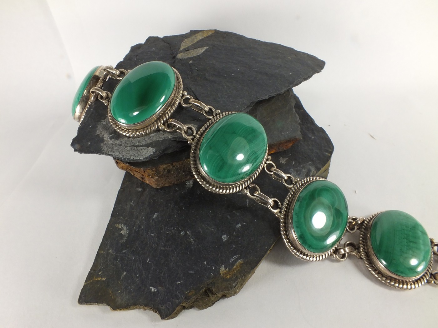Natural Malachite Gemstone Crystal Bracelet (EA5490) 925 silver bezel cabochon