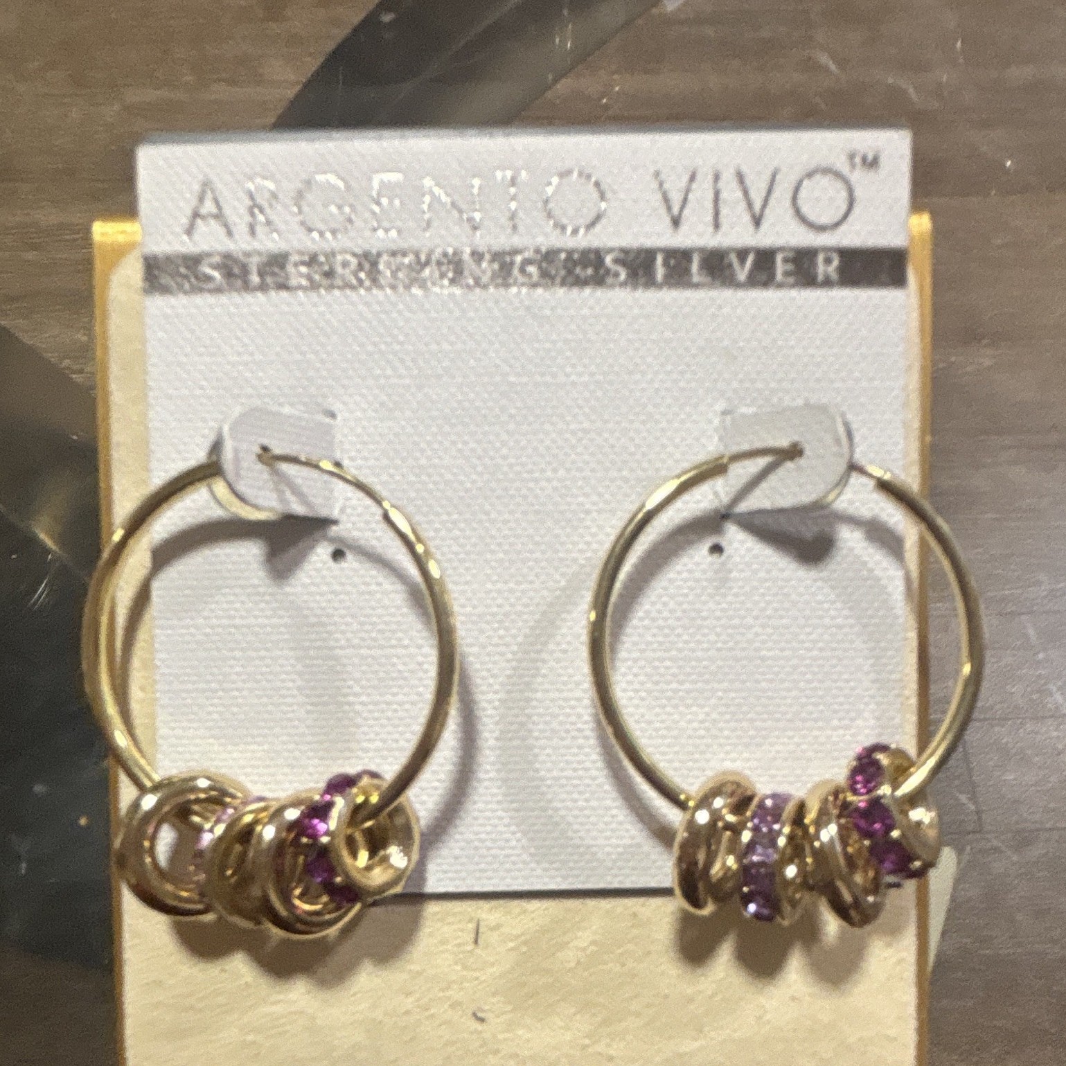 Argento Vivo 925 Sterling Silver Gold Tone Hoop Earrings Purple Round Stones