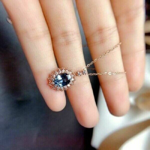 2Ct Oval Cut Blue Topaz Dangle Pendant Necklace 14K Rose Gold Finish Free Chain