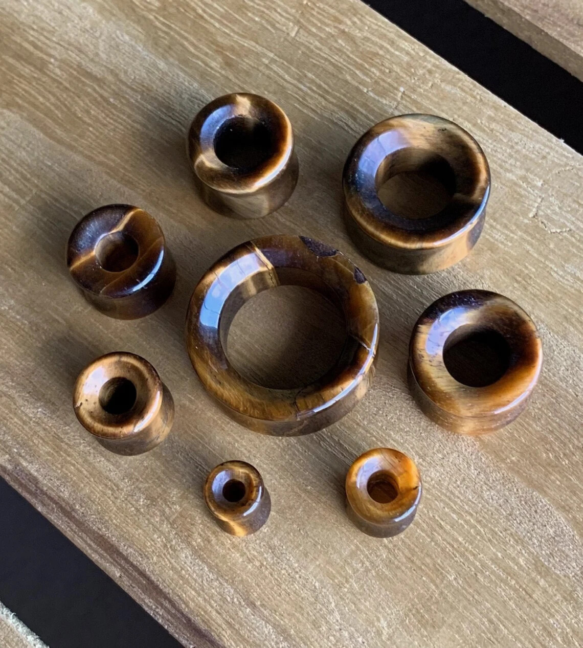 PAIR Tiger Eye Organic Stone Tunnels Double Flare Plugs Earlets Gauges