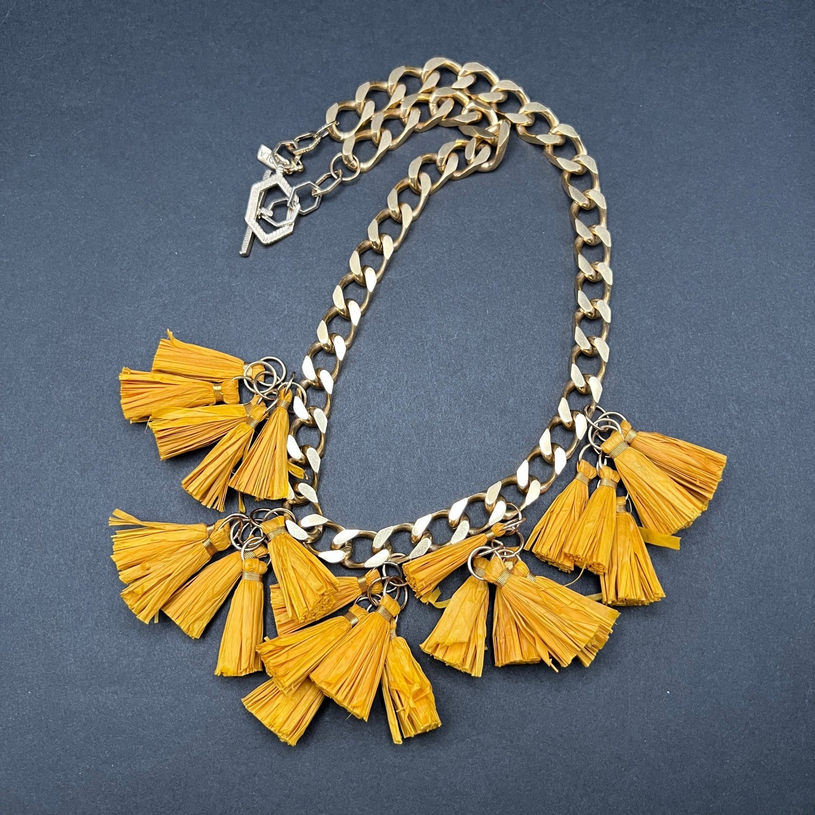 Akola Raffia Tassel Chunky Chain Necklace Uganda Gold Tone Mustard Yellow Boho