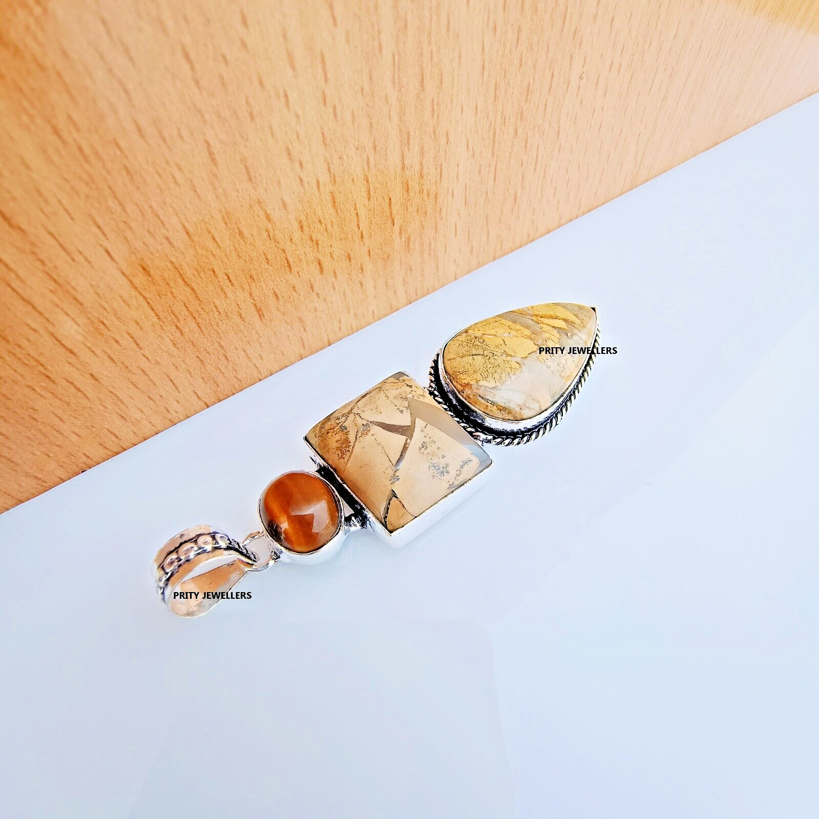 Beautiful Picture Jasper With Tiger Eye 925 Sterling Silver Handmade Pendant